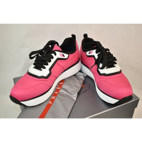 NIB PRADA 3E6321 WOMEN PINK NYLON LACE UP LOGO LOW TOP PLATFORM SNEAKERS 40 - Picture 10 of 12